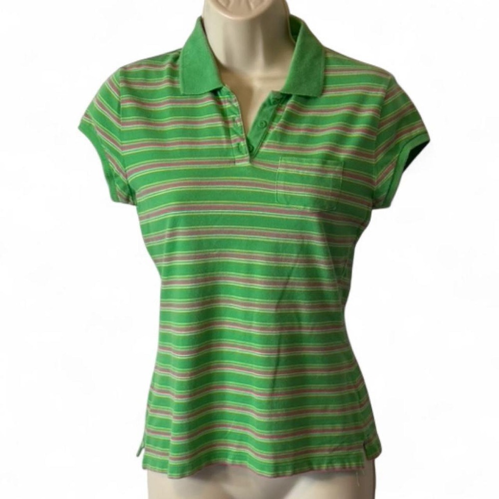 Vintage 90s/Y2K Arizona Jean Co Green & Pink Striped Polo Shirt, Women's Size S